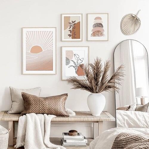Abstract Terracotta Boho Sun Moon Plants Posters Geometric Canvas Painting Wall Art Pictures For Living Room Home Interior Decor