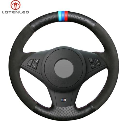 LQTENLEO Car Steering Wheel Cover Black Genuine Leather Suede For BMW E60 E61 530d 545i 550i E63 E64 630i 645Ci 650i 2003-2010