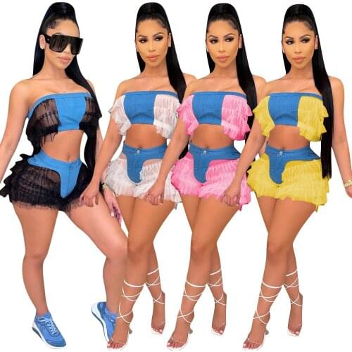 Denim Sexy Mesh Two Piece Set Festival Clothing Women Club Outfits Ruffle Crop Top 2 Piece Shorts Set Women Matching Sets 2021