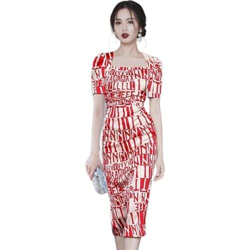 Elegant print tight Dress one piece korean ladies Summer Sexy cabaret party Square neck formal Dresses for women