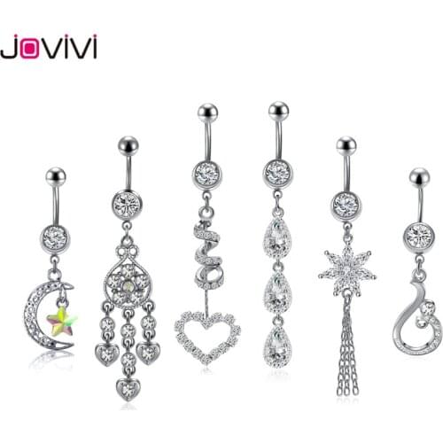 Jovivi Sexy Navel Piercing Stainless Steel Rhinestone Navel Belly Button Rings 14Ga Women Belly Button Piercings Jewelry 6 Pcs
