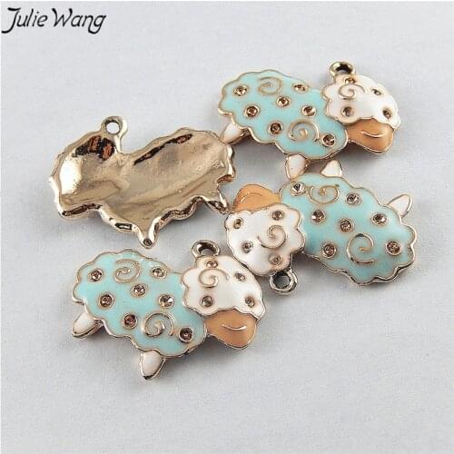 Julie Wang 5PCS/Pack Light Blue Body White Head Sheep Shape Ename High Quality Gold Color Alloy Base Cute Animal Charms for DIY