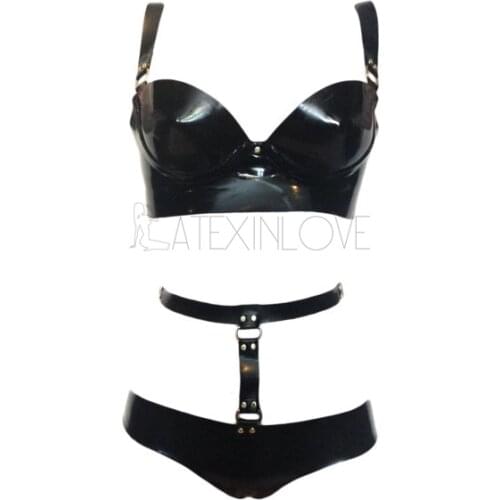 Sexy Black Womens Hardware Latex Harness Lingerie Set Rubber Bra Shorts Strap