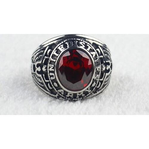 Red CZ Crystal Mens Stainless Steel United States Military Army Ring