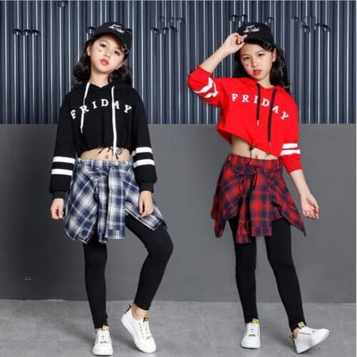 Red Girls Ballroom Performance Jazz Dancing costumes Kids Hip Hop Party show clothes Adult Dance wear Outfits Tops+Pants Black