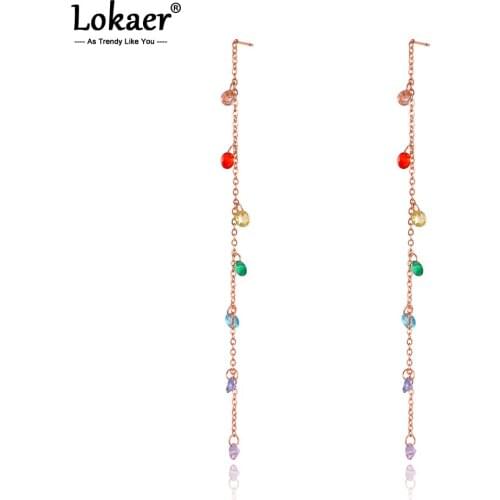 Lokaer Sparkling Titanium Stainless Steel Colorful CZ Crystal Tassel Earrings Bohemia Ear Line Jewelry For Women Girls E20321