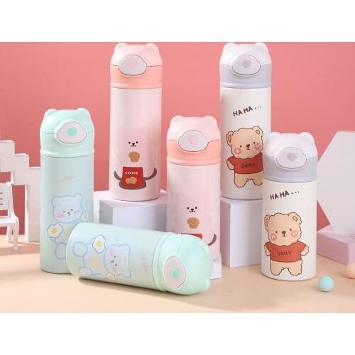Cartoon Bear Thermos Childrens Lovers Stainless Steel Water Bottle with Lid Straw Sealed Leakproof Portable Coffee Sippy Cup
