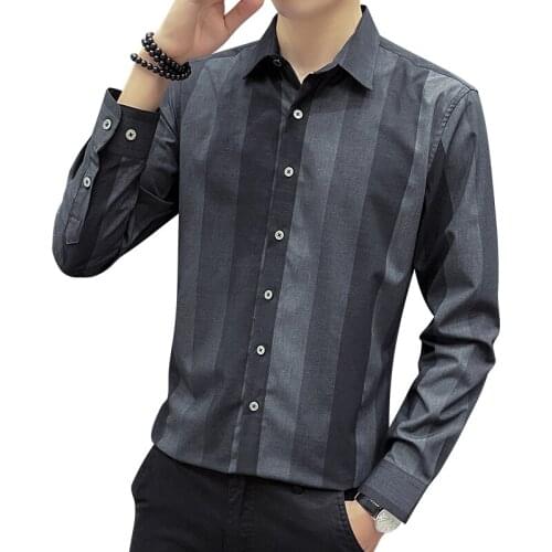 QJ CINGA New Grey Striped Shirt Men Single Breasted Lapel Blue Shirts White Black Green Camisa Large Size Men Chemise 5xl