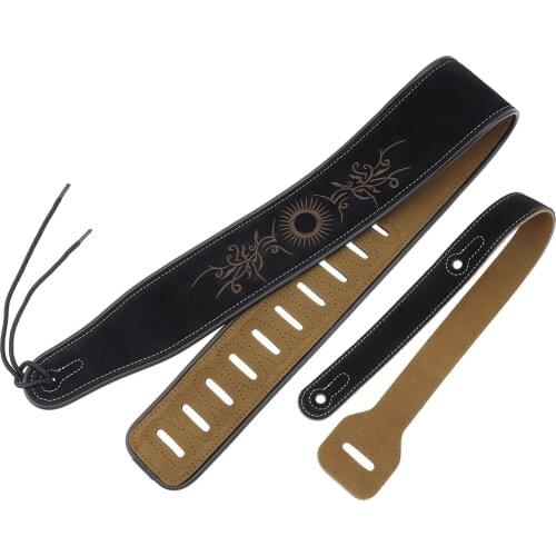 Guitar Strap Genuine Leather Flower Pattern Embroidery 7cm Widen with Antifriction Design for Acoustic Electric Bass Guitar