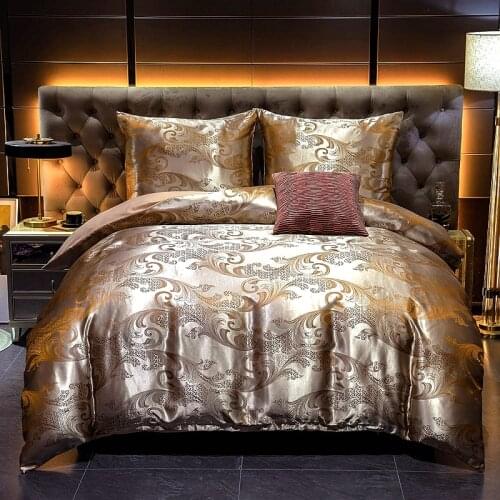 Luxury beddings jacquard soft satin silky bedding down cover pillowcase set with zipper seal, camel, medium size double bed