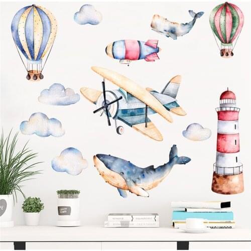 Airplane Shark Lighthouse Wallpaper For Kids Room Boys Bedroom Nursery Decoration Home Decor Wall Sticker PVC Cartoon Wall Decal