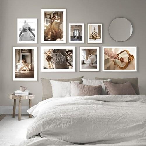 Nordic Fashion Palace Architecture Golden Wall Decor Painting Wedding Dress Canvas Posters Art Print Pictures Bedroom Home Decor