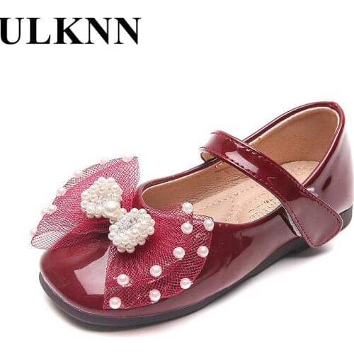 Girls Flat Shoes New 2021 Black Leather Shoes Infant Pearl Bow Red Shoes Baby Leather Shoes Princess Student Children Pink Shoe