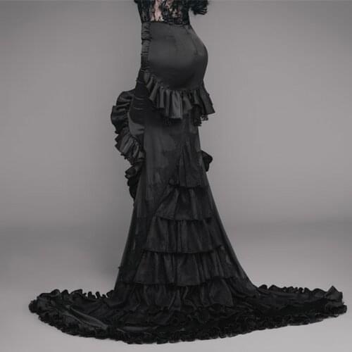 EVA LADY Womens Gothic Black Long Skirt Gorgeous Asymmetry Frilled Tight Stage Performance Prom Floor Length Skirts