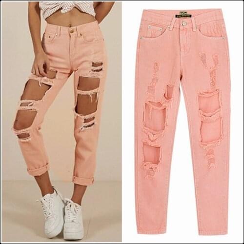 Pink Wild Sexy Big Holes Torn Beggar Jeans Exaggerated Women High Waist Casual Denim Pants Ripped Europe Streetwear Jeans Loose