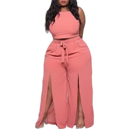 Plus Size Two Piece Women Sets Sleeveless Halter Cross Backless Crop Tops Outfits 2021 Summer New Split Sexy Wide Leg Pant Suits