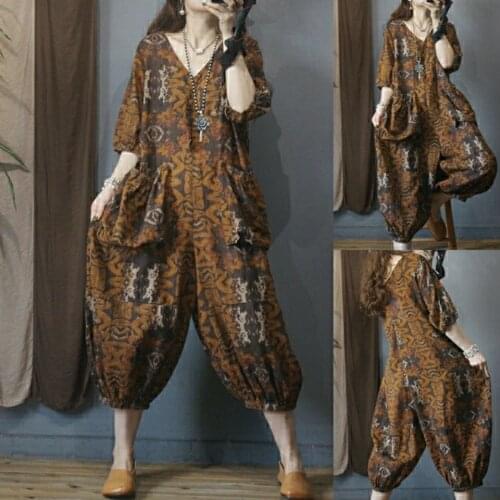 Retro Printed Linen Large Pocket Jumpsuit Women Clothing Summer 2021 Slim Loose High Waist Zipper Capris Shorts Overall Romper