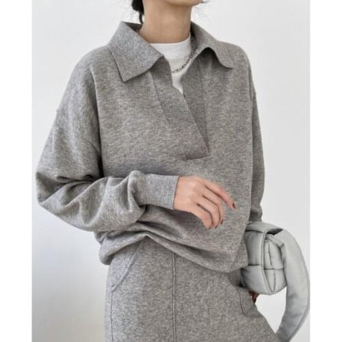 2021 Spring Women Knitted Tracksuit Two Pieces Sets Polo Collar Woman Knit Sweater Elastic Waist Comfortable Sport Casual Pants