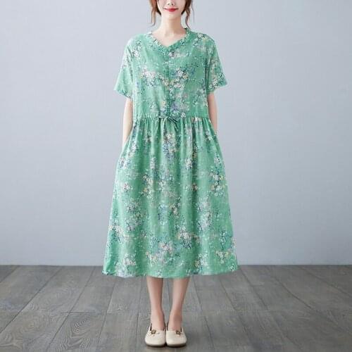 Print Floral Dress 2021 New Arrival Thin Soft Cotton Linen Cozy Loose Summer Dress Fashion Women Travel Casual Beach Style Dress