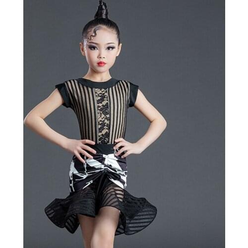 New Children Latin Dance Dress Stripes Short Sleeves Practice Clothes Girls Cha Cha Ballroom Dancing Performance Clothing BL6056