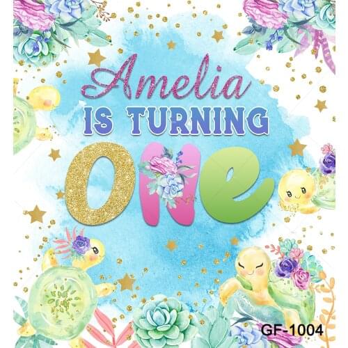 Cute Tortoise Watercolor Flowers Pink Girl Decorations Backdrop Photography Background Custom 1st Birthday Party Backdrop Banner