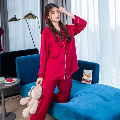 2021 New Satin 2PCS Sleep Suit Ladies Full Sleeve Pant Nightwear Casual Cardigan Simple Home Wear Spring Autumn Loose Sleepwear
