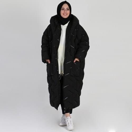 The Hijab Finger Printed Oversize Inflatable Coat Black