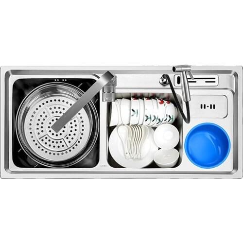 304 Stainless Steel Nano Sink Three-slot with Trash Can Multi-functional Kitchen Washbasin Thickened Kitchen Sink Set 92x43cm