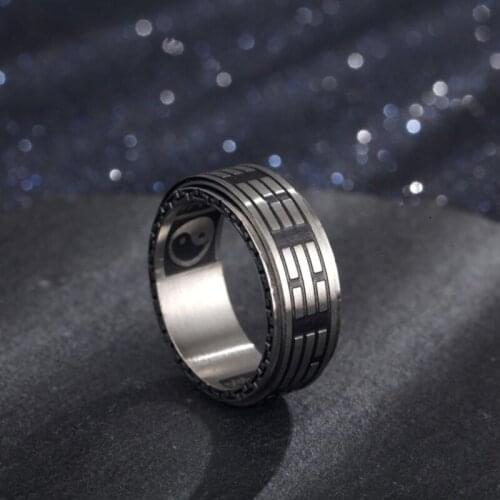New Mens Ring Titanium Steel Retro Rotatable Gossip Ring Transfer Feng Shui Taoist Yin Yang Tai Chi Trend