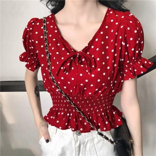 Clothing Women Crop Top Puff Sleeve Polka Dot Vintage Summer Style Chiffon T Shirts Ladies Tees Fashion Brand Hipster New