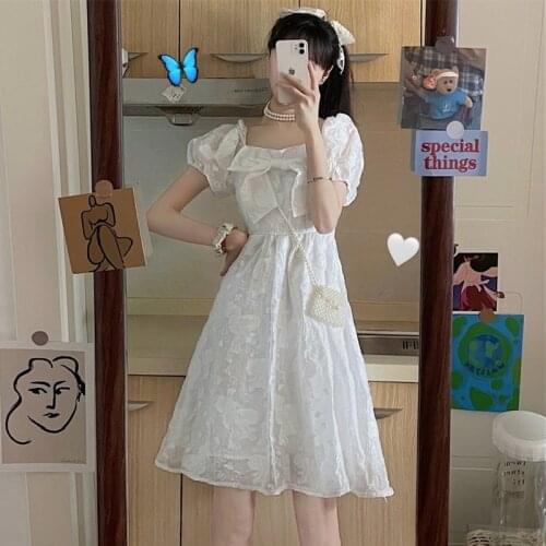 Sweet Princess Style Three-Dimensional Printed Bow Square Collar lolita dress Short Sleeve Super Fairy Dress Womens Summer