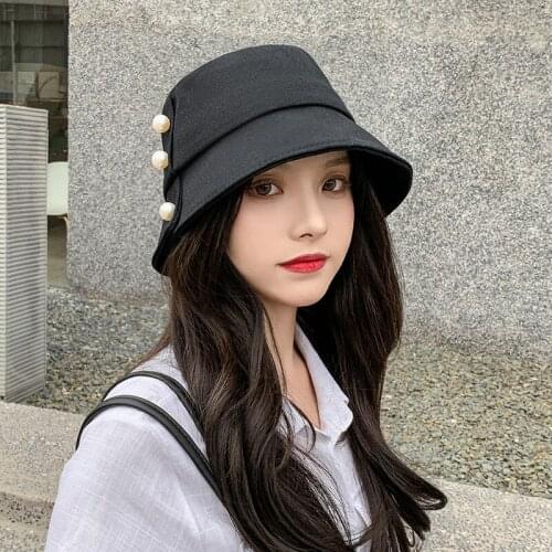 Women Hats Bonnet Spring Summer Solid Faux Pearl Fisherman Hat Ladies Sun Protection Bucket Caps