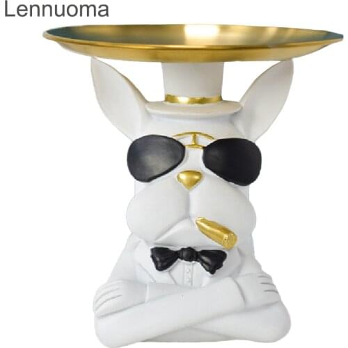 Lennuoma Dog Figurine Statue Home Storage Decor Nordic Living Room Table Snacks Tray Decoration Craft With Stainless Steel Plate