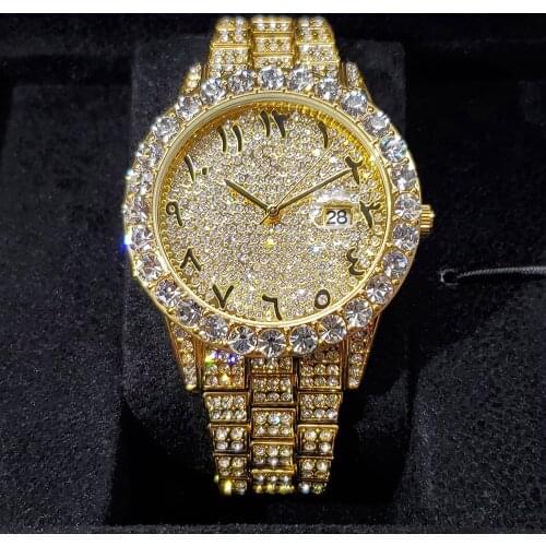 Hip Hop MISSFOX Brand Luxury Mens Iced Out Watches Arabic Numbers Date Quartz Wrist Watches 18K Gold Watch For Mens Gift No Box