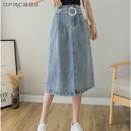 Black Elegant Womens Long Skirt Jeans With Belt 2021 High Waist Streetwear Loose Denim A-Line Skirts Female Light Blue