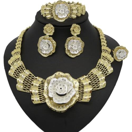 Yulaili Elegance Dubai Gold Jewelry Sets for Women Charm Crystal Flower Shape Necklace Drop Earrings Bracelet Ring Accessories