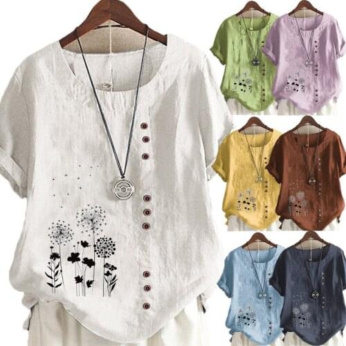 New Summer Womens New Fashion Round Collar Short Sleeve Casual Linen T-Shirt Loose Ladies Blouse Tops Plus Size