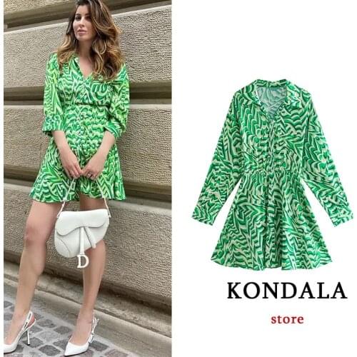 Za 2021 Women Chic Green Geometric Print A-Line Mini Dress Long Sleeve V Neck Ruffles Vintage Shirt Dress Elegant Vestidos