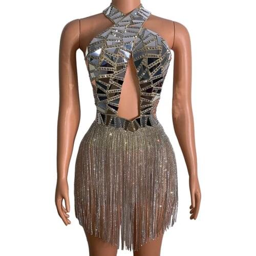 Sparkly Silver Mirrors Crystals Chains Dress Sexy Fringe Dresss Women Evening Celebrate Birthday Dresses Stage Outfits DN7367