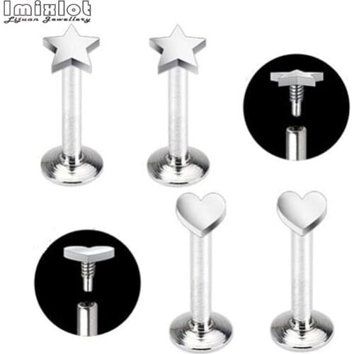 2pcs 16G Stainless Steel Labret Ring Heart Star Shape Lip Rings Cartilage Piercings Tragus Ear Rings Stud Sexy Body Jewelry
