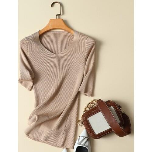 2021 Summer New Knitted Women T-Shirts V-Neck Short-Sleeved Solid Slim Elastic Office Lady Elegant Pulls Tops Tees Top Quality