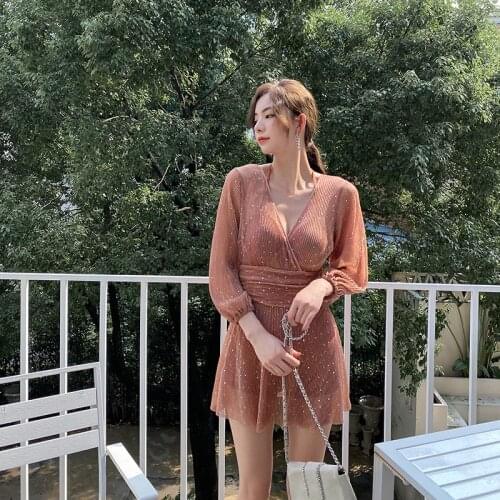 2021 Womens Beach Wear Swim Dress Bodysuit Bathing Swimwear Swimsuit Long Sleeve One Piece Push Up Suits Korea Beachwear Dress