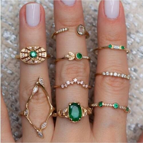 9 Pcs/set Women Green Crystal Geometry Crown Flower Heart Star Opal Knuckle Ring Set Boho Party Rings Jewelry Gold Finger Ring