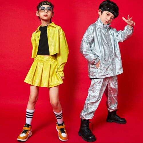Kids Gril Boy Shiny Fabric Streetwear Hip Hop Loose Casual Jacket Skirts Pant Sets Children Stage Show Cheerleaders Clothing