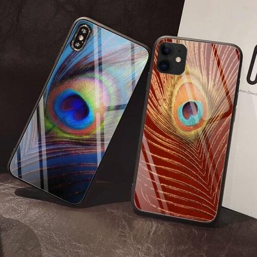 Peacock feather Phone Case Tempered Glass For iPhone 12 Pro Max Mini 11 Pro XR XS MAX 8 X 7 6S 6 Plus SE 2020 case