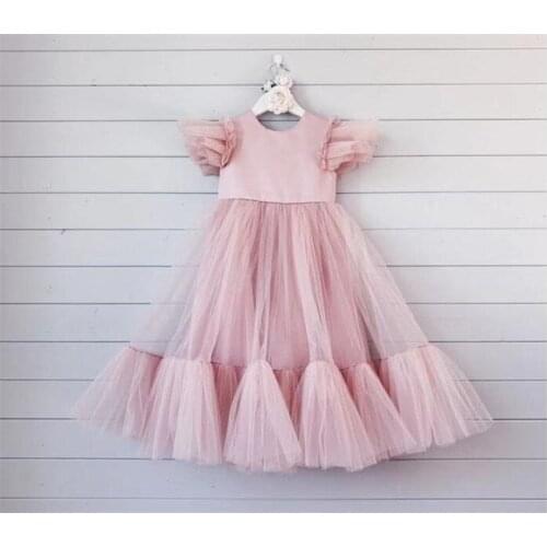 New Pink Tulle Girls Dresses Cap Sleeves Kids Clothes Children Party Dress Girls Birthday Party Gown Size 4 6 8 10Y