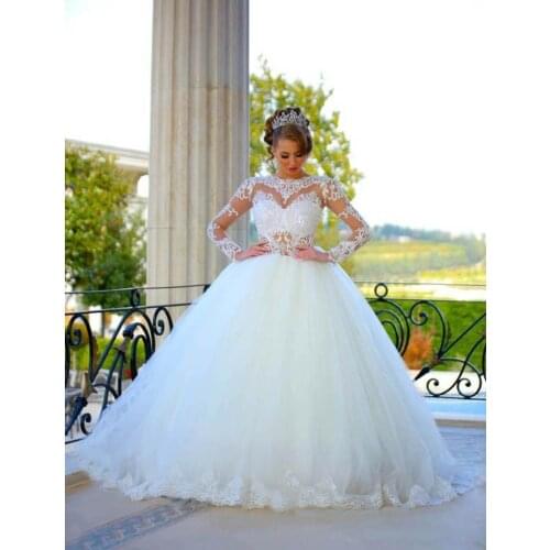 Elegant Ball Gown Wedding Dresses Scoop Long Sleeves Sheer Lace Jewel Neck Puffy Princess Bridal Gowns Custom Made
