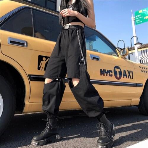 GOOHOJIO Straight Casual Solid Wide Leg Trousers Streetwear Hole Pants Hot Selling Chic Loose High Quality Cargo Pants Hip Hop