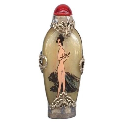 Chinese old beijing Tibetan silver mosaic glass built-in painting snuff bottle inside painted Human body Nude painting