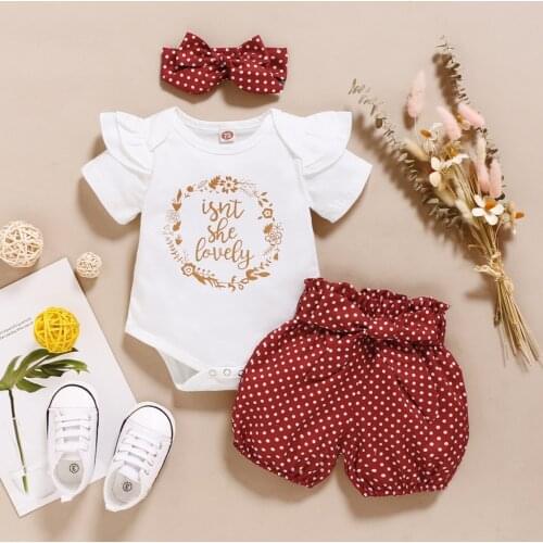 TELOTUNY Childrens clothing Newborn Baby Girls Ruffles Short Sleeve Letter Print Romper Tops+Dot Shorts+Headband Outfits Jun29